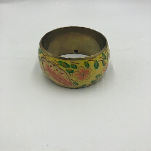Vintage Women's Brass Floral Painted Bangle Bracelet Jewelry - Picture 7 of 13
